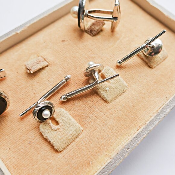 Art Deco Sterling Onyx and Cultured Pearl Cufflinks Studs - Picture 3 of 4